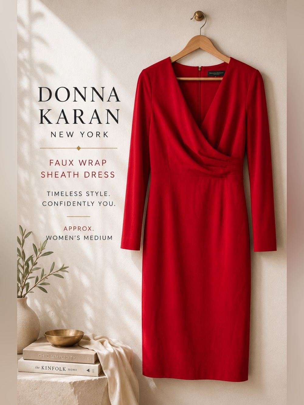 Donna Karan New York Red Faux Wrap Sheath Dress